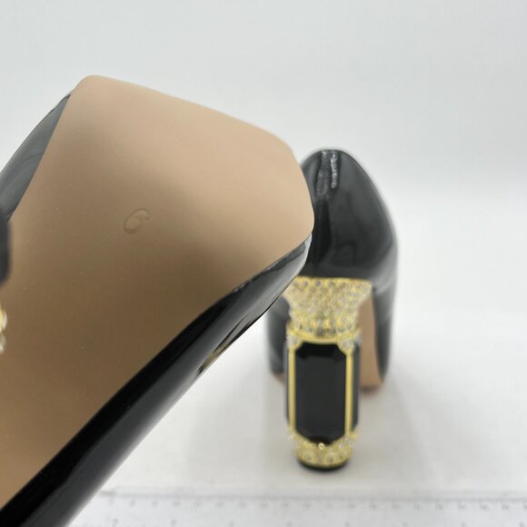 FSJ Black Bridal Pointed Toe Chunky High Heel Crystal Pumps Slip on Wedding Shoe - Picture 6 of 8